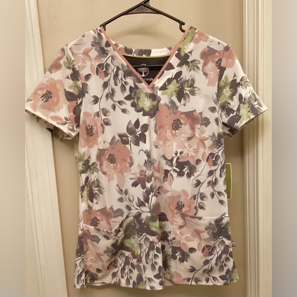 Healing Hands Pink and Green Floral Short Sleeve Top